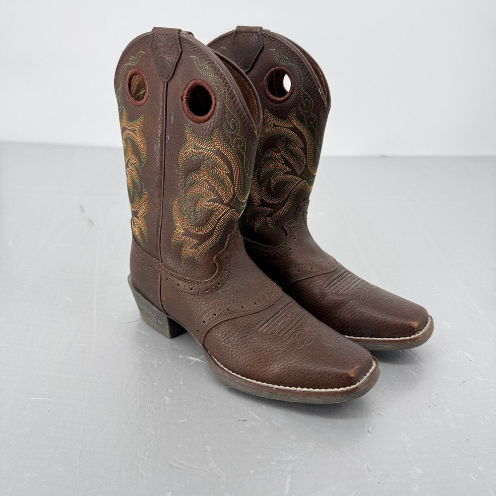 Justin Boots 2523JR Kids Brown Leather Western Cowboy Boots Square Toe Size 2D